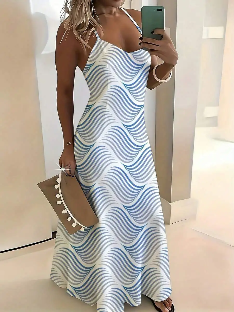 Blue And White Wave Print Sleeveless Maxi Dress Spaghetti Straps V Neck Flowing Summer Women Dress
Blue And White Wave Print Sleeveless Maxi Dress Spaghetti Straps V Neck Flowing Summer Women Dress
