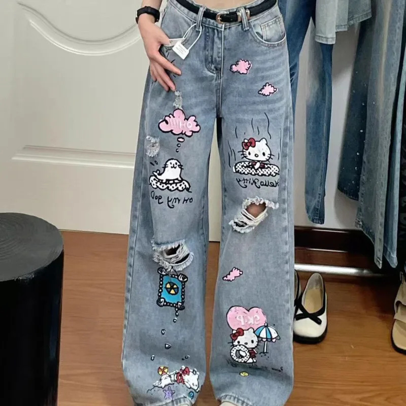 Women's Hello Kitty Distressed Wide-Leg Jeans - Cute Cartoon Print Streetwear Ripped Denim Pants for Casual Fashion Clothes
Women's Hello Kitty Distressed Wide-Leg Jeans - Cute Cartoon Print Streetwear Ripped Denim Pants for Casual Fashion Clothes