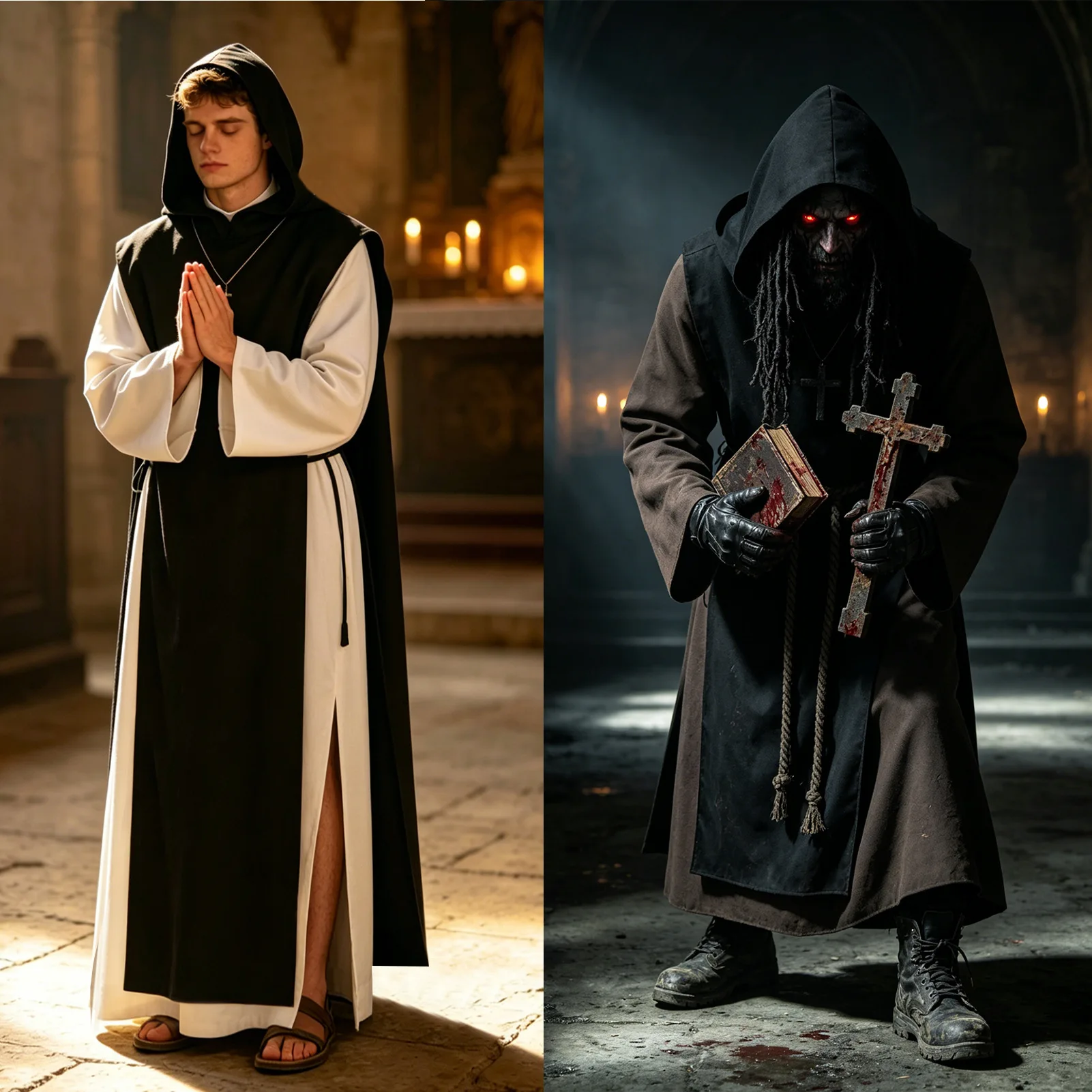 Medieval Monk Robe Renaissance Death God Belted Necklace Hooded Cloak Halloween Costume with Belt Long Pants Satin Fabric
Medieval Monk Robe Renaissance Death God Belted Necklace Hooded Cloak Halloween Costume with Belt Long Pants Satin Fabric