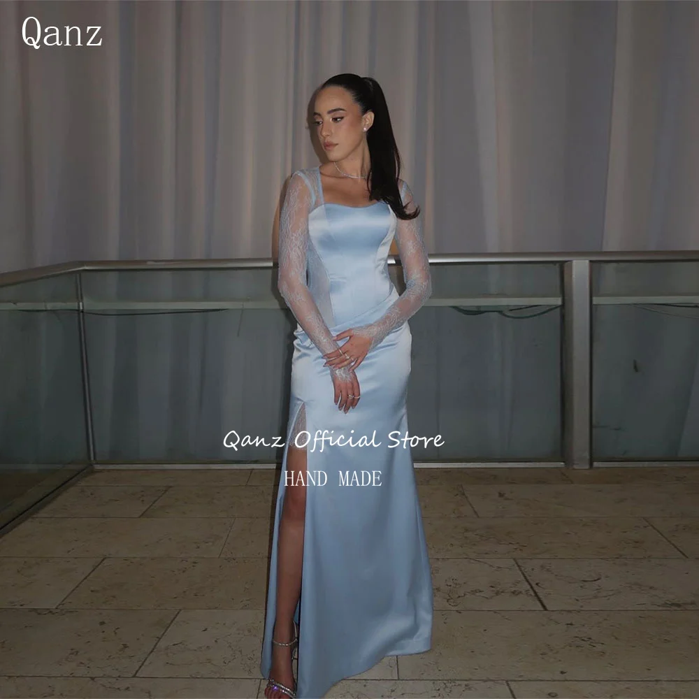 Qanz Sky Blue Prom Dresses Mermaid Satin Long Sleeves Formal Evening Gowns High Slit Lace Women Vestidos De Fiesta Customized
Qanz Sky Blue Prom Dresses Mermaid Satin Long Sleeves Formal Evening Gowns High Slit Lace Women Vestidos De Fiesta Customized