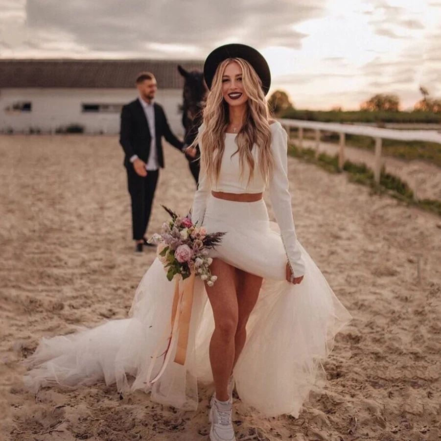 Country Two Pieces Wedding Dresses Mermaid Tulle Long Sleeve Bridal Gowns Vintage Beach Bride Dresses White Ivory Custom Made
Country Two Pieces Wedding Dresses Mermaid Tulle Long Sleeve Bridal Gowns Vintage Beach Bride Dresses White Ivory Custom Made