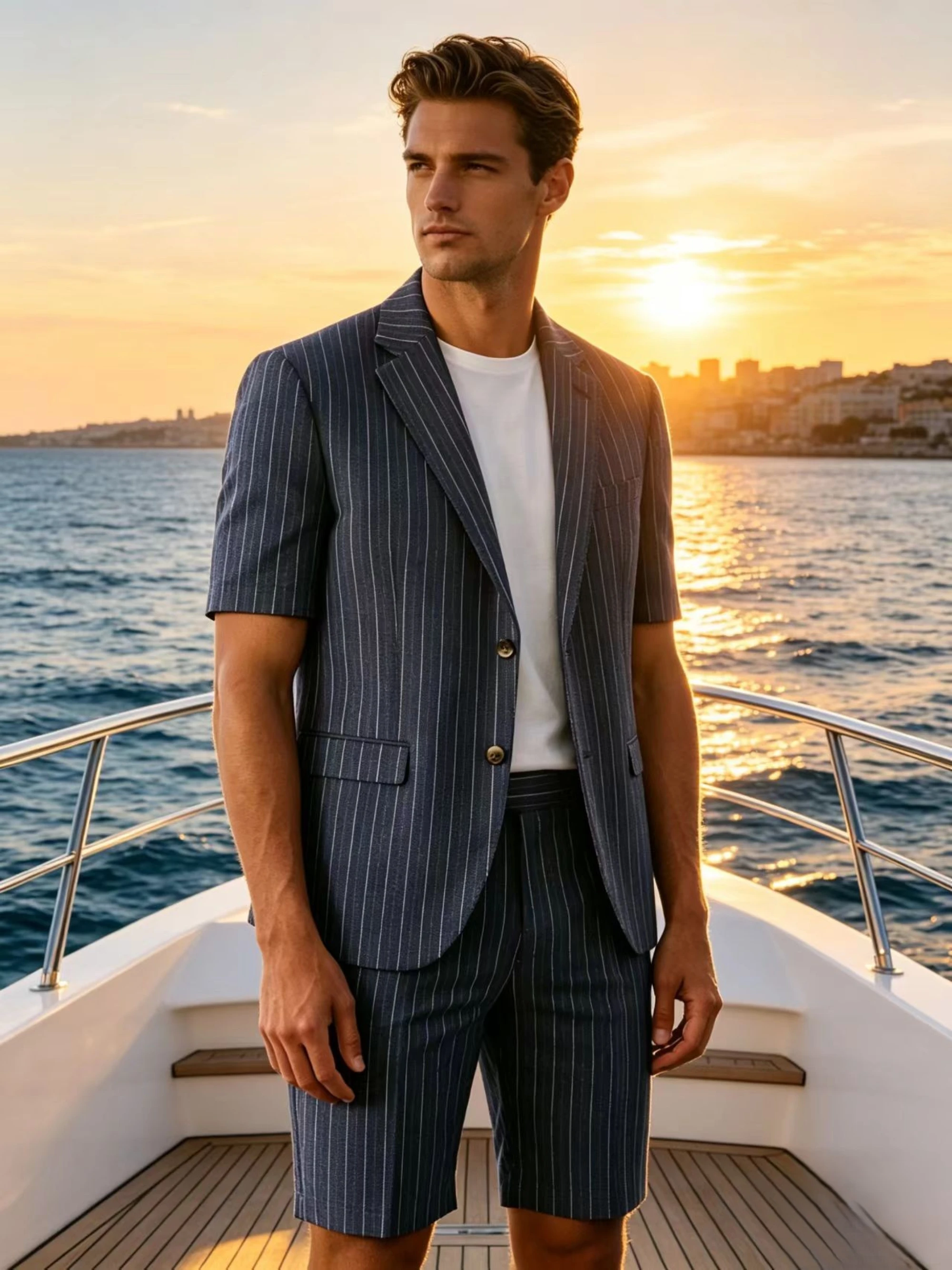 Мужской летний костюм-двойка: темно-синий пиджак в тонкую полоску с коротким рукавом и шорты – повседневный деловой наряд для яхтенной вечеринки и отпуска
Мужской летний костюм-двойка: темно-синий пиджак в тонкую полоску с коротким рукавом и шорты – повседневный деловой наряд для яхтенной вечеринки и отпуска