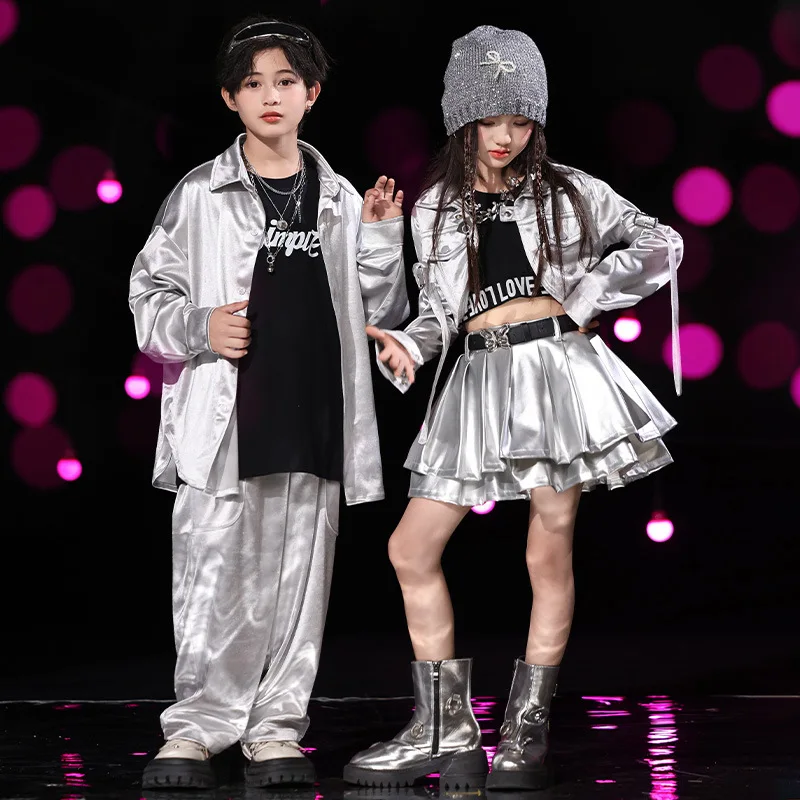 Children Boys Girl Streetwear Hip Hop Jazz Silver Long Sleeve Shirt Pant Skirt Sets Kids Team Performance Costumes Stage Clothes
Children Boys Girl Streetwear Hip Hop Jazz Silver Long Sleeve Shirt Pant Skirt Sets Kids Team Performance Costumes Stage Clothes