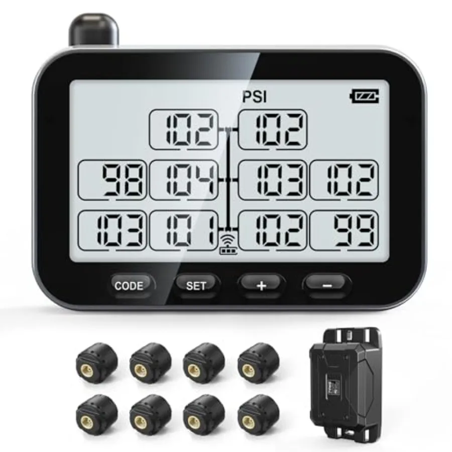 Trailer Tire Prure Monitoring System, RV TPMS with 8 Sensors, 6 Alert Modes, Signal Booster, Power Saving Display, Long Sensing
Trailer Tire Prure Monitoring System, RV TPMS with 8 Sensors, 6 Alert Modes, Signal Booster, Power Saving Display, Long Sensing