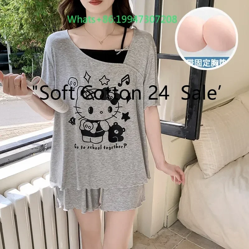 Summer new gray with chest pad cartoon Hello Kitty cute pajamas women's loungewear set
Summer new gray with chest pad cartoon Hello Kitty cute pajamas women's loungewear set
