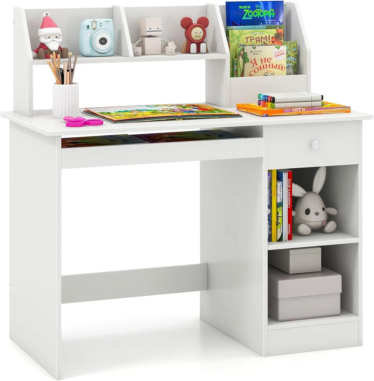 Kids Study Desk, Wooden Writing Table with Hutch, Drawer, Keyboard Tray & Storage Shelves, White Student Desk for Home Use
Kids Study Desk, Wooden Writing Table with Hutch, Drawer, Keyboard Tray & Storage Shelves, White Student Desk for Home Use