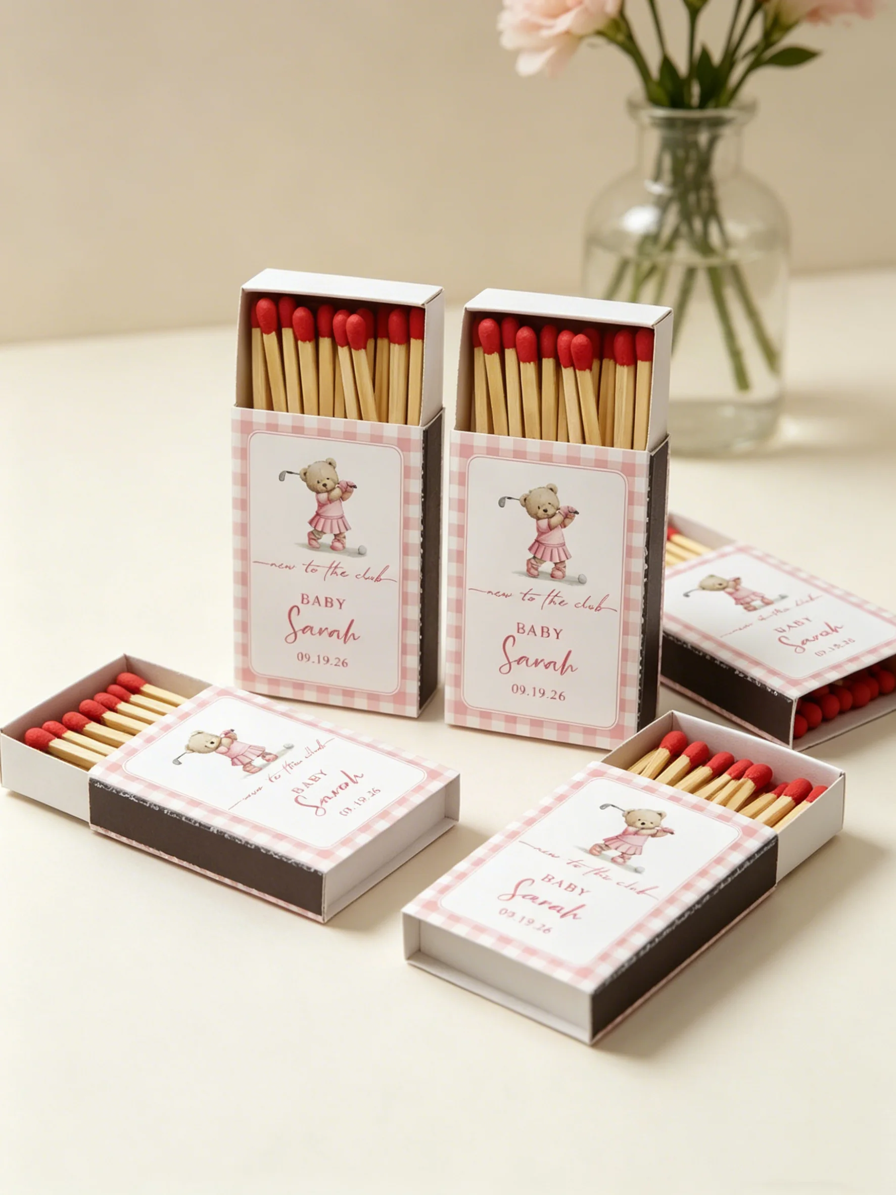 Pink Gingham Golf Baby Shower Matchboxes Personalized New To The Club Custom Bear Matchbook Favors for Baby Girl
Pink Gingham Golf Baby Shower Matchboxes Personalized New To The Club Custom Bear Matchbook Favors for Baby Girl