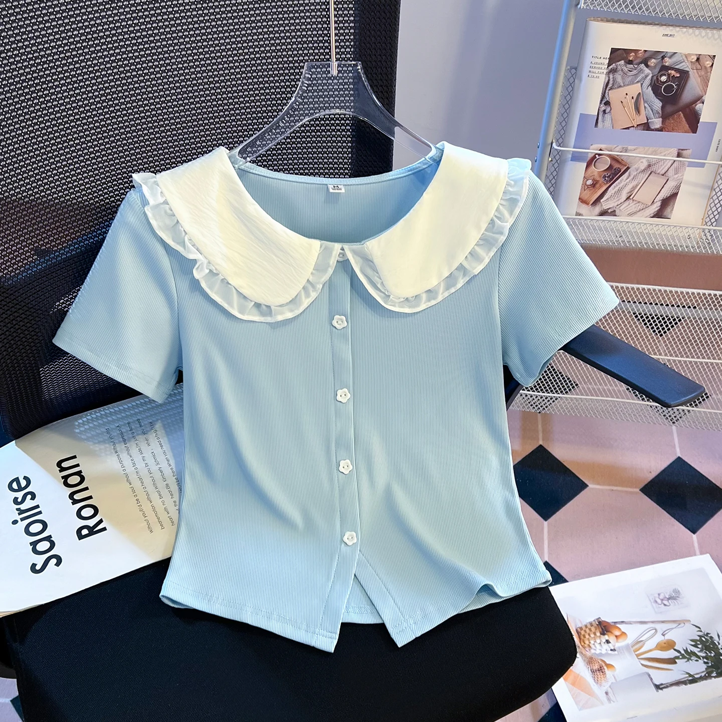 Blue Sweet Girl Collar T-Shirt Women's Summer New Style Slimming Short Sleeve Button up Waist Cinched Cute Youthful Top
Blue Sweet Girl Collar T-Shirt Women's Summer New Style Slimming Short Sleeve Button up Waist Cinched Cute Youthful Top