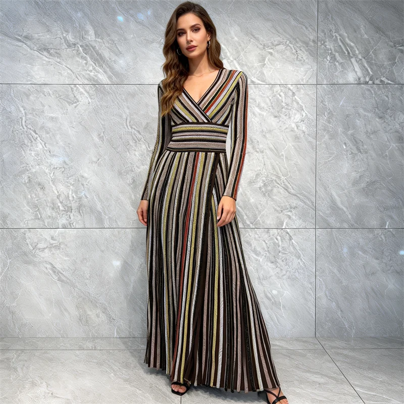 French High-quality Women's Metal Sequins Embellished with Rainbow Stripes Gradient V-neck Waist Pleated Knitted Long Dresses
French High-quality Women's Metal Sequins Embellished with Rainbow Stripes Gradient V-neck Waist Pleated Knitted Long Dresses