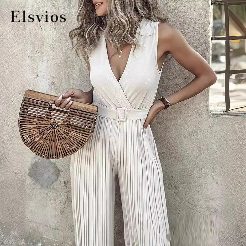 Summer Casual Solid Color High Waist Jumpsuit Fashion V-Neck Sleeveless Long Sportswear Elegant Folded Wide Leg Pants Jumpsuit
Summer Casual Solid Color High Waist Jumpsuit Fashion V-Neck Sleeveless Long Sportswear Elegant Folded Wide Leg Pants Jumpsuit