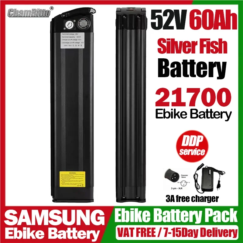 Electric Bicycle battery cham rider52v 40ah folding Silver Fish e bike 45ah 60ah Bafang 2000w 35ah 50ah 1000w Lithium batterie
Electric Bicycle battery cham rider52v 40ah folding Silver Fish e bike 45ah 60ah Bafang 2000w 35ah 50ah 1000w Lithium batterie