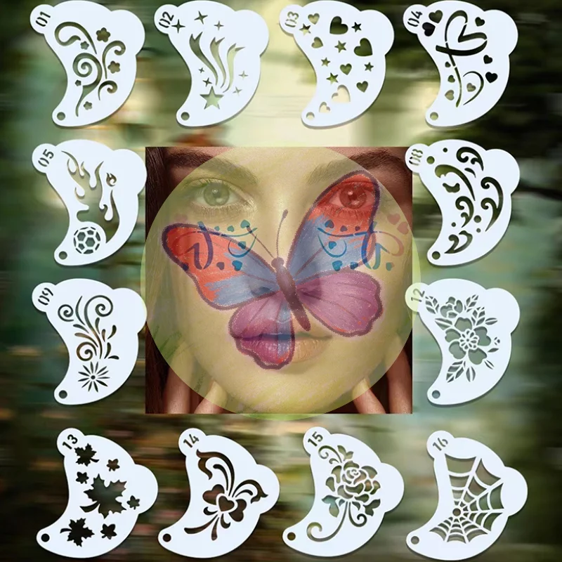 16Pcs Face Painting Tattoo Stencil DIY Hand Drawn Spray Painting Eyebrow Tattoo Template Dance Party Makeup Tools Beauty Sticker
16Pcs Face Painting Tattoo Stencil DIY Hand Drawn Spray Painting Eyebrow Tattoo Template Dance Party Makeup Tools Beauty Sticker