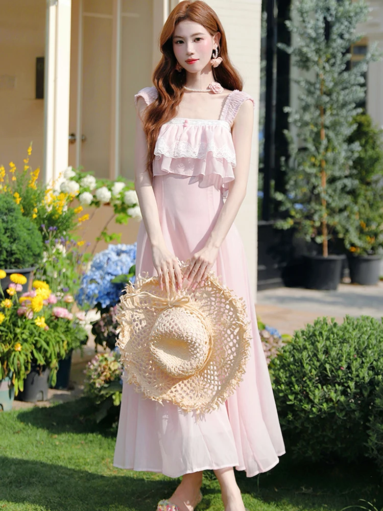 2026 New Pink Patchwork Lace Ruffled Square Collar Sling Dress Women Elegant Casaul Long Dress Summer Korean Bodycon Party Dress
2026 New Pink Patchwork Lace Ruffled Square Collar Sling Dress Women Elegant Casaul Long Dress Summer Korean Bodycon Party Dress