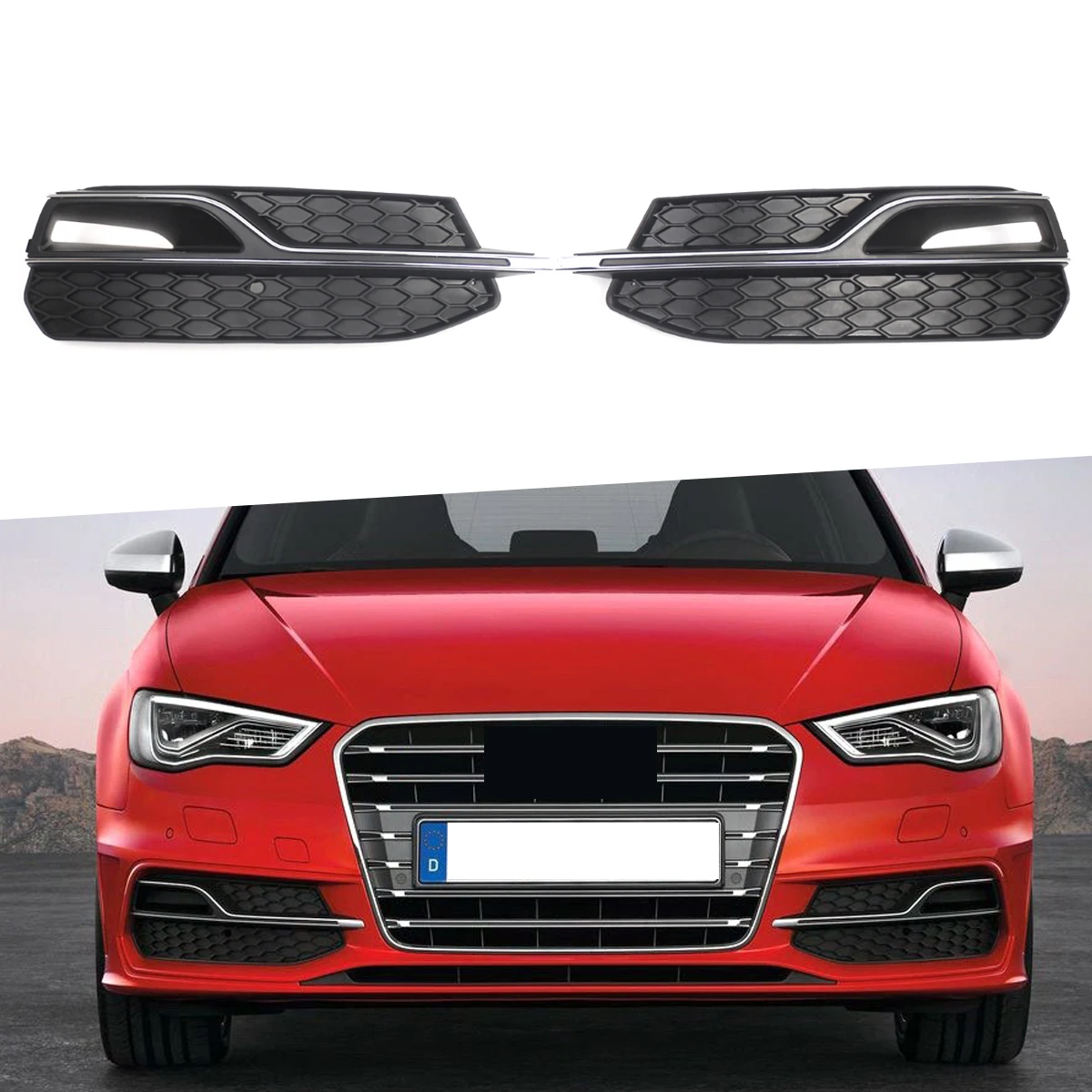 For 8V3807681L 8V3807682L Car Front Bumper Fog Light Grill w/ Chrome Honeycomb Mesh Trim Grille AUDI A3 S-Line S3 2014-2016
For 8V3807681L 8V3807682L Car Front Bumper Fog Light Grill w/ Chrome Honeycomb Mesh Trim Grille AUDI A3 S-Line S3 2014-2016