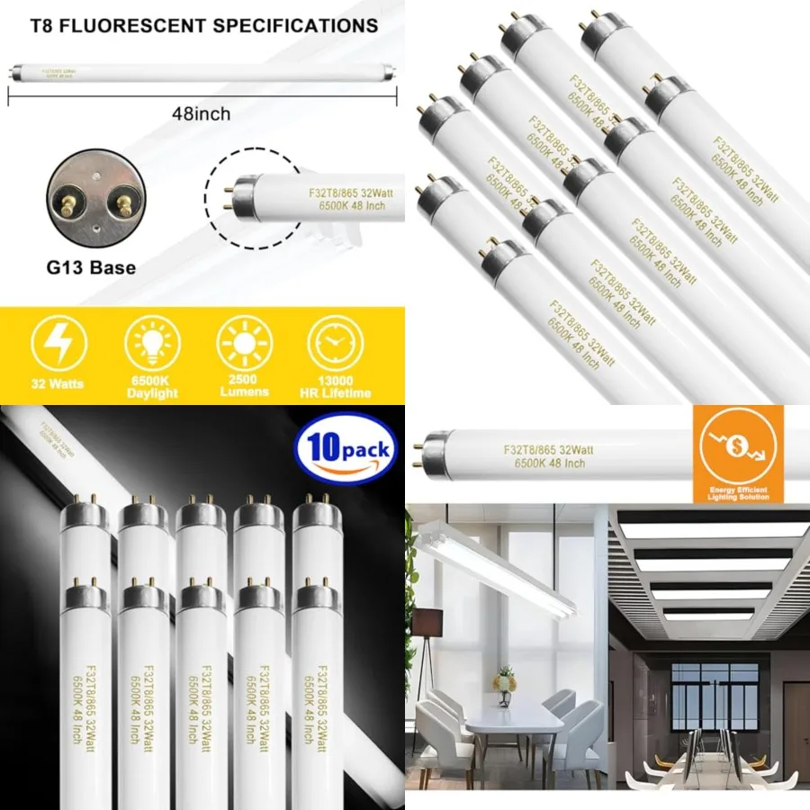 10 Pack, F32T8/865 Fluorescent Light Bulb 48 Inch Daylight 32 Watt, T8 Fluorescent Bulb 4 Foot, 2800 Lumens G13 Medium 6500K Bi
10 Pack, F32T8/865 Fluorescent Light Bulb 48 Inch Daylight 32 Watt, T8 Fluorescent Bulb 4 Foot, 2800 Lumens G13 Medium 6500K Bi
