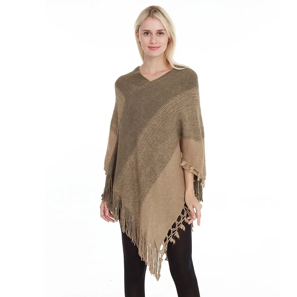 Spring Autumn Women Knitting Pullover With Patchwork Tassel Cloak Stripe Fashion Street Poncho Lady Capes Khaki Cloaks
Spring Autumn Women Knitting Pullover With Patchwork Tassel Cloak Stripe Fashion Street Poncho Lady Capes Khaki Cloaks