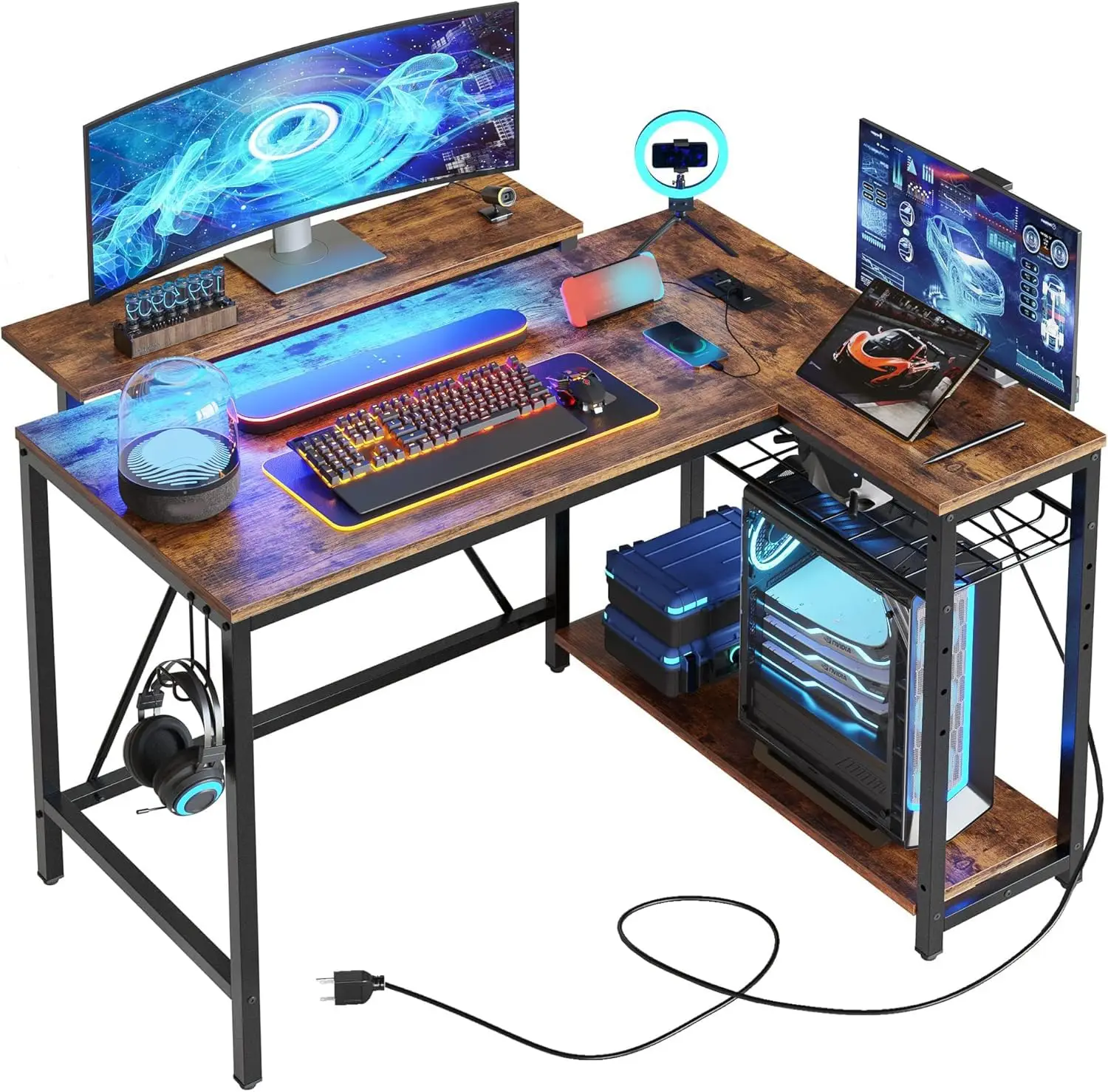 42" L-Shaped Gaming Desk LED Lights Power Outlets Reversible Shelves Hooks Small Space Rustic Brown Customized
42" L-Shaped Gaming Desk LED Lights Power Outlets Reversible Shelves Hooks Small Space Rustic Brown Customized