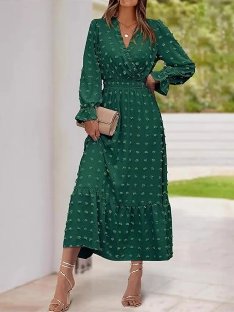 Loose Dress All-match Vestidos Simple Style Dresses 2025 Woman V-neck Vestido Largo Solid Color Flared Sleeve French Temperament 
Loose Dress All-match Vestidos Simple Style Dresses 2025 Woman V-neck Vestido Largo Solid Color Flared Sleeve French Temperament