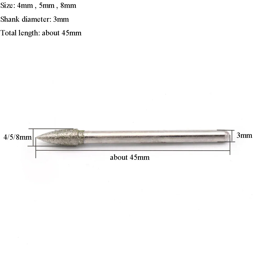1/5/10PCS 4/5/8mm Bullet Diamond & CBN Burr Grinding Drill Bit Point 3mm Shank for Dremel
1/5/10PCS 4/5/8mm Bullet Diamond & CBN Burr Grinding Drill Bit Point 3mm Shank for Dremel