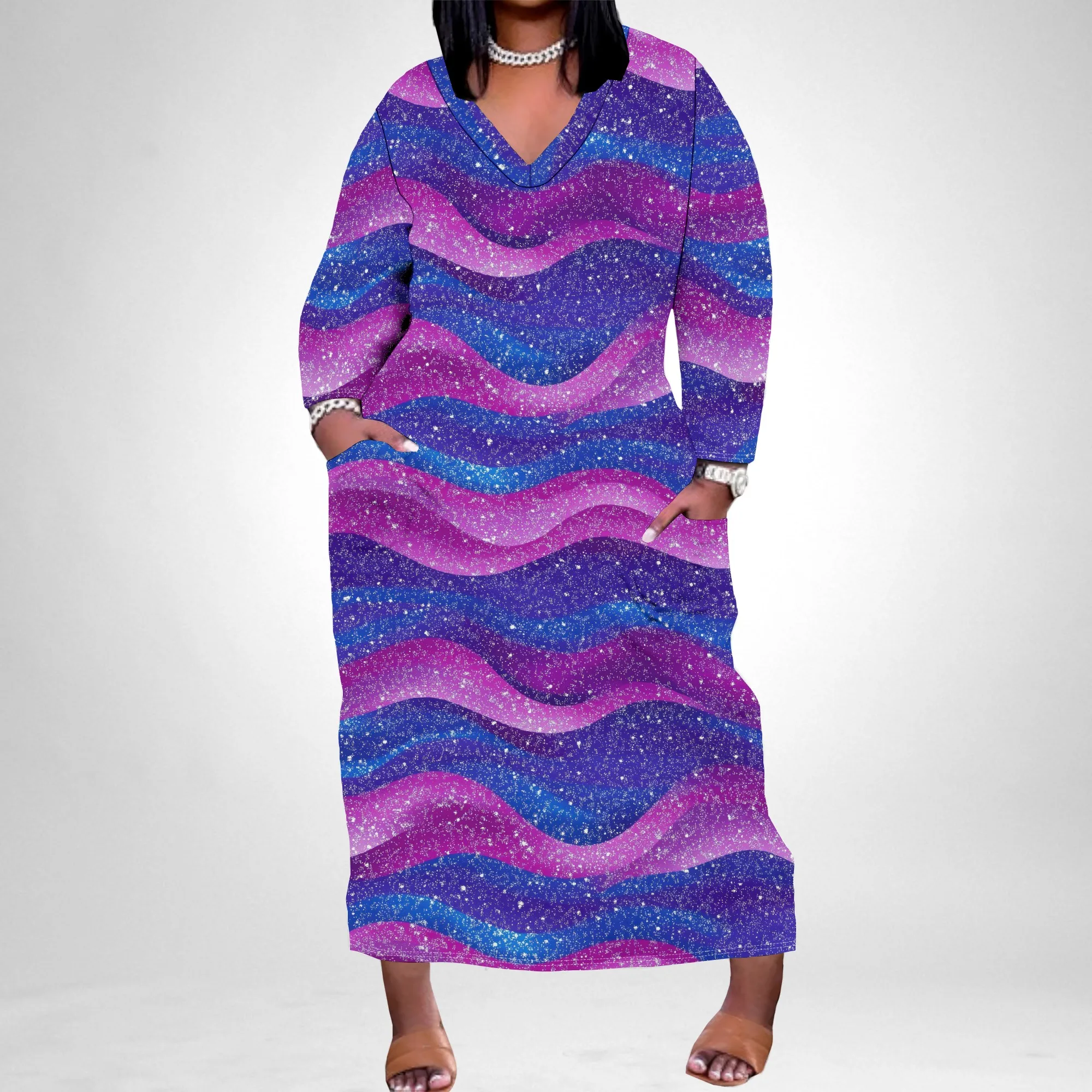 Hot selling European and American black plus size dress with personality and sparkling pattern, long sleeves and pockets
Hot selling European and American black plus size dress with personality and sparkling pattern, long sleeves and pockets