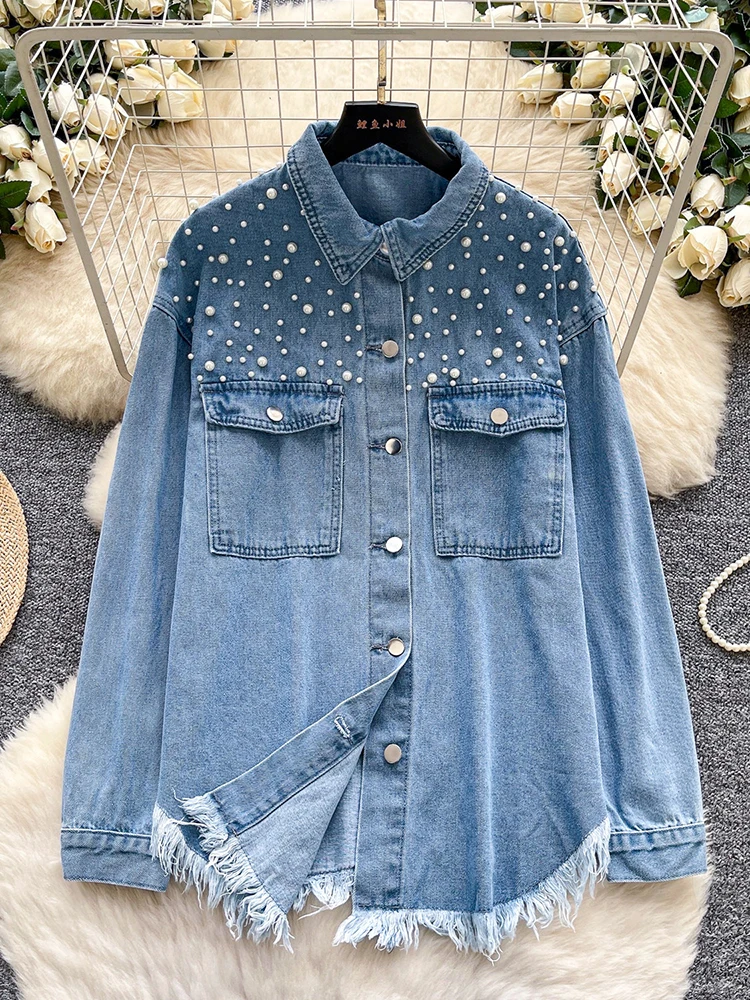 Korean style spring new long sleeved loose denim shirt women's rivets burrs buttons tassel design sense trendy denim jacket
Korean style spring new long sleeved loose denim shirt women's rivets burrs buttons tassel design sense trendy denim jacket
