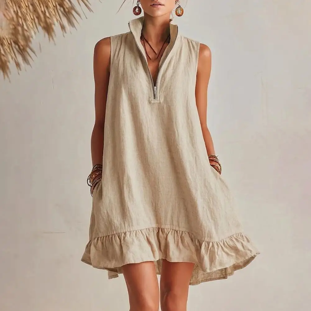 Retro Style Women Dress Loose Fit Mid-length Dress Women’s Mini Dress Half Zipper Stand Collar Ruffle A-line Summer Sundress Flo
Retro Style Women Dress Loose Fit Mid-length Dress Women’s Mini Dress Half Zipper Stand Collar Ruffle A-line Summer Sundress Flo