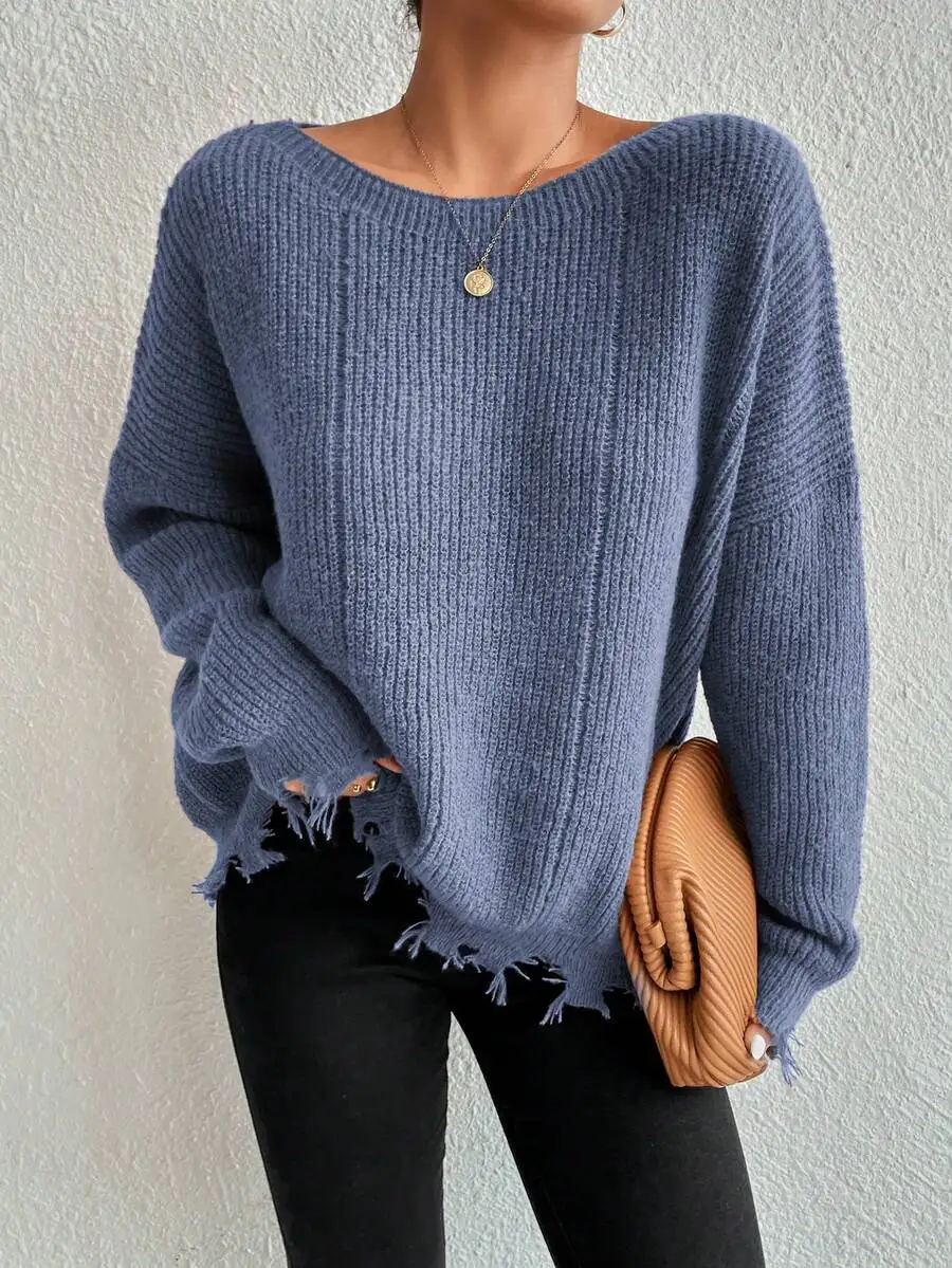 Oversized Ribbed Knit Sweater With Distressed Hem Casual Long Sleeve Crew Neck Top Dusty Blue
Oversized Ribbed Knit Sweater With Distressed Hem Casual Long Sleeve Crew Neck Top Dusty Blue