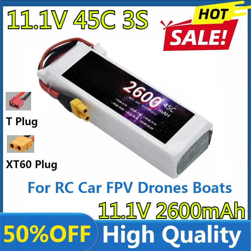 New High Quality 11.1V 2600mAh LiPo Battery 3s 45C for RC Car FPV Drones Boats Helicopters Vehicles with XT60 T Connector
New High Quality 11.1V 2600mAh LiPo Battery 3s 45C for RC Car FPV Drones Boats Helicopters Vehicles with XT60 T Connector