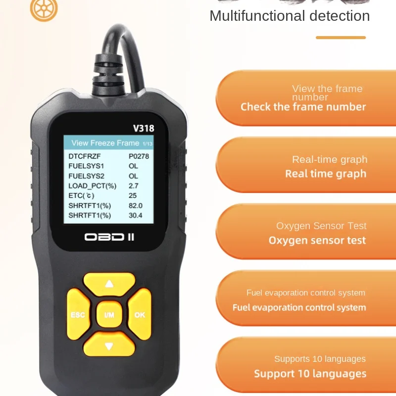 V318 OBD2 Scanner Color Screen Supports 10 Languages Automobile Malfunction Diagnosis Instrument Car Repair Tool Accessories
V318 OBD2 Scanner Color Screen Supports 10 Languages Automobile Malfunction Diagnosis Instrument Car Repair Tool Accessories