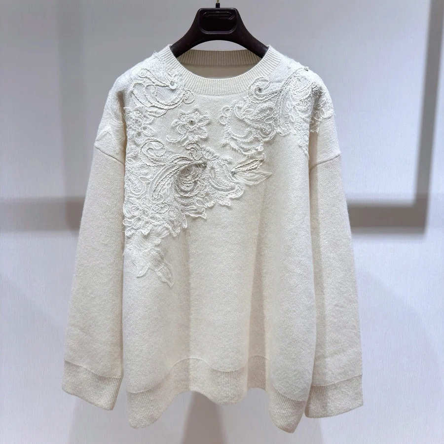 High Quality Handmade Beading Beige Cashmere Sweater Long Sleeve Loose Lace Embroidery Knitted Pullover
High Quality Handmade Beading Beige Cashmere Sweater Long Sleeve Loose Lace Embroidery Knitted Pullover