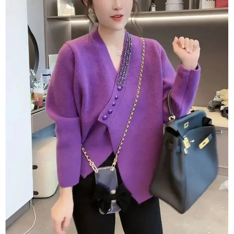 Purple chic dress placket fashion knit cardigan 2023 winter new versatile asymmetric design warm cardigan sweater female tops
Purple chic dress placket fashion knit cardigan 2023 winter new versatile asymmetric design warm cardigan sweater female tops