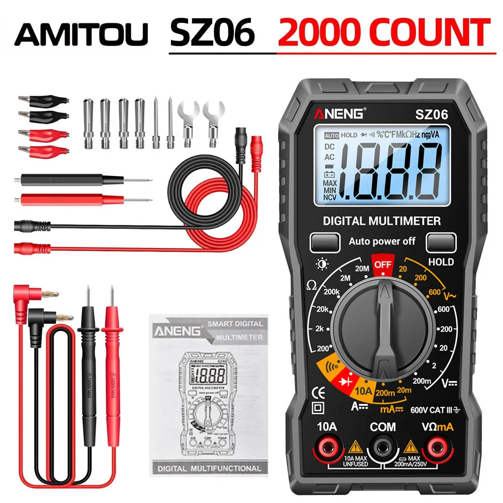 AMITOU SZ06 2000 Count Smart Digital Multimeter AC/DC Voltage Meter DC Current Ohm Tester Electric Tools Measuring Device Tester
AMITOU SZ06 2000 Count Smart Digital Multimeter AC/DC Voltage Meter DC Current Ohm Tester Electric Tools Measuring Device Tester