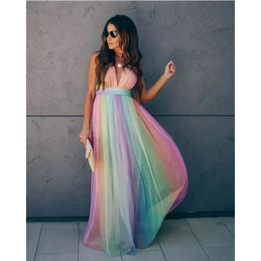 Spring And Summer New Women's Design Style Fashion Sexy Deep V Rainbow Mesh Halter Dress
Spring And Summer New Women's Design Style Fashion Sexy Deep V Rainbow Mesh Halter Dress
