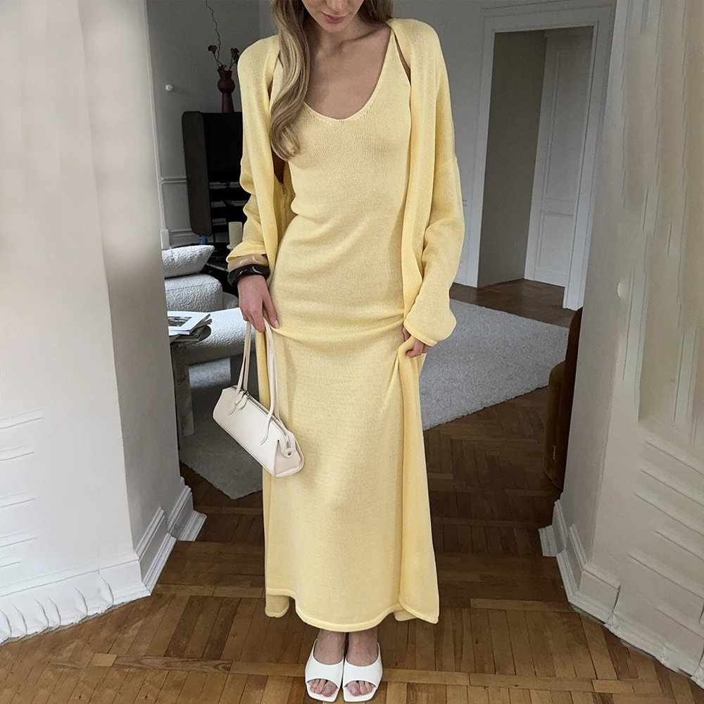 Tuularose Women Long Dress 2 Piece Solid Knitted Spaghetti Strap Dress Long Sleeve Cardigan Set Casual Fashion Female Dress Set
Tuularose Women Long Dress 2 Piece Solid Knitted Spaghetti Strap Dress Long Sleeve Cardigan Set Casual Fashion Female Dress Set