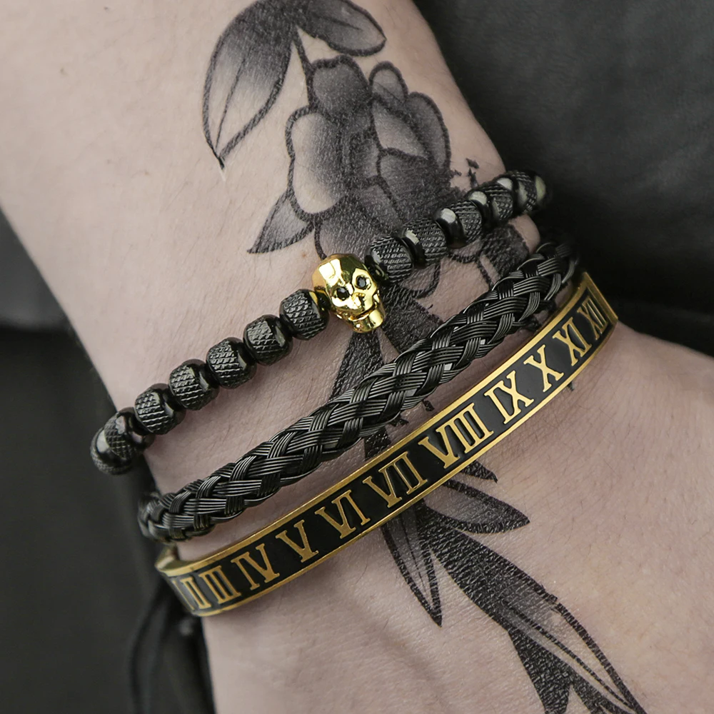 Luxury 3pcs/Set CZ Skull Charm Black Gold Bracelet Stainless Steel Men Enamel Roman Number Bangles Bracelet Sets Couple Jewelry
Luxury 3pcs/Set CZ Skull Charm Black Gold Bracelet Stainless Steel Men Enamel Roman Number Bangles Bracelet Sets Couple Jewelry