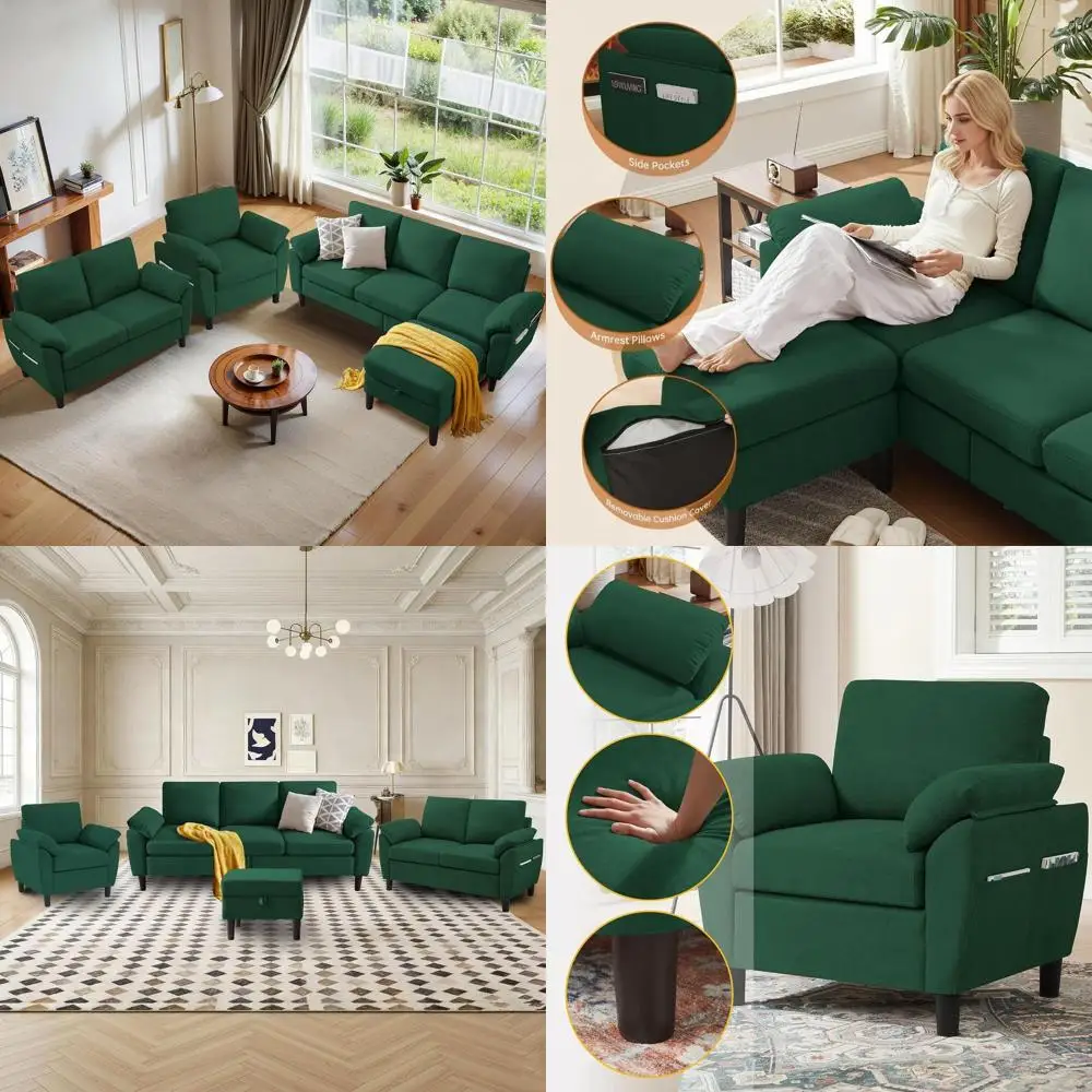 4 PCS Convertible Sectional Soa, ern 3-Seat Soa with Ottoman and Chair Set, Linen abric Sectional Couch or Living Room Aparent(L
4 PCS Convertible Sectional Soa, ern 3-Seat Soa with Ottoman and Chair Set, Linen abric Sectional Couch or Living Room Aparent(L