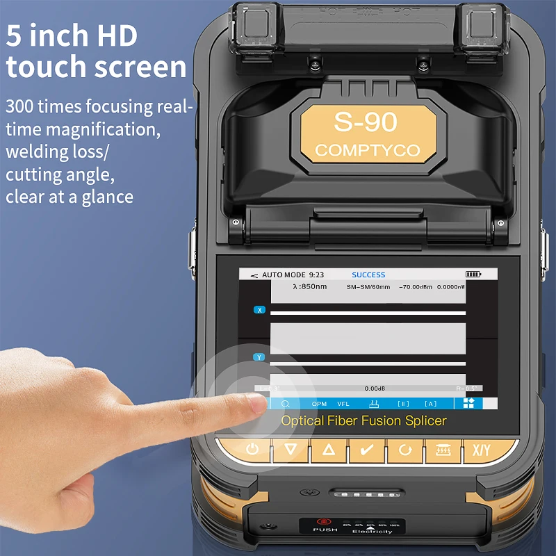 COMPTYCO S-90 Fully Automatic 6 Motor Fiber Fusion Splicer 10 Languages Touch Screen Fiber Optic Fusion Machine Built-in VFL OPM
COMPTYCO S-90 Fully Automatic 6 Motor Fiber Fusion Splicer 10 Languages Touch Screen Fiber Optic Fusion Machine Built-in VFL OPM