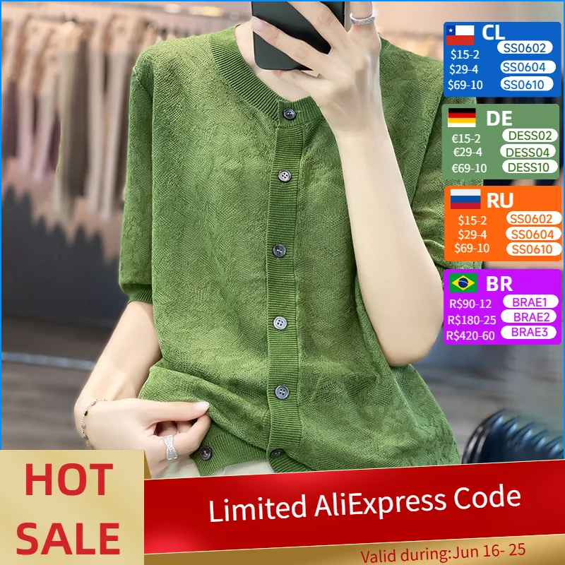 Spring Summer New Short-sleeved Women Sweater T-shirt O-neck Pure Silk Hollow-out Cardigan Casual Knitted Base Soft Breath Tops
Spring Summer New Short-sleeved Women Sweater T-shirt O-neck Pure Silk Hollow-out Cardigan Casual Knitted Base Soft Breath Tops