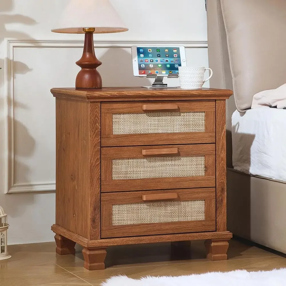 Boho Style Rattan Nightstand, 3-Drawer Wood Bedside Table, Large End Table, Tea Brown
Boho Style Rattan Nightstand, 3-Drawer Wood Bedside Table, Large End Table, Tea Brown