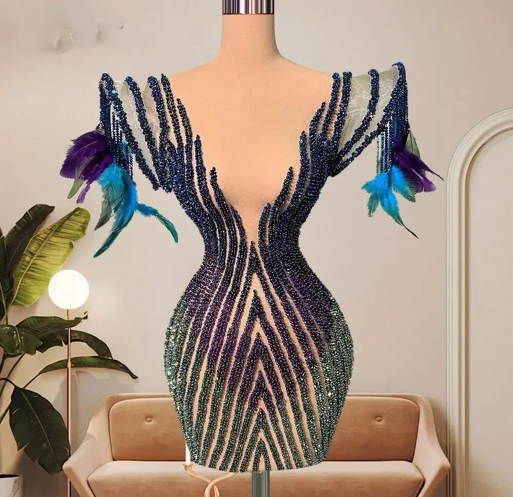 Sexy Deep V Neck Short Evening Dress Beaded Feather Handmade Mini Prom Celebrity Party Gown For Special Occasion
Sexy Deep V Neck Short Evening Dress Beaded Feather Handmade Mini Prom Celebrity Party Gown For Special Occasion