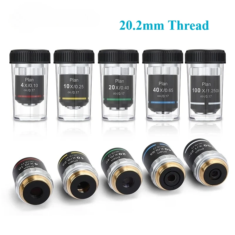 4X,10X,40X,100X 195 Plan Infinity Achromat Objective Lens 20.2mm Thread Pure Copper Optical Glass with Dust-Proof Case
4X,10X,40X,100X 195 Plan Infinity Achromat Objective Lens 20.2mm Thread Pure Copper Optical Glass with Dust-Proof Case