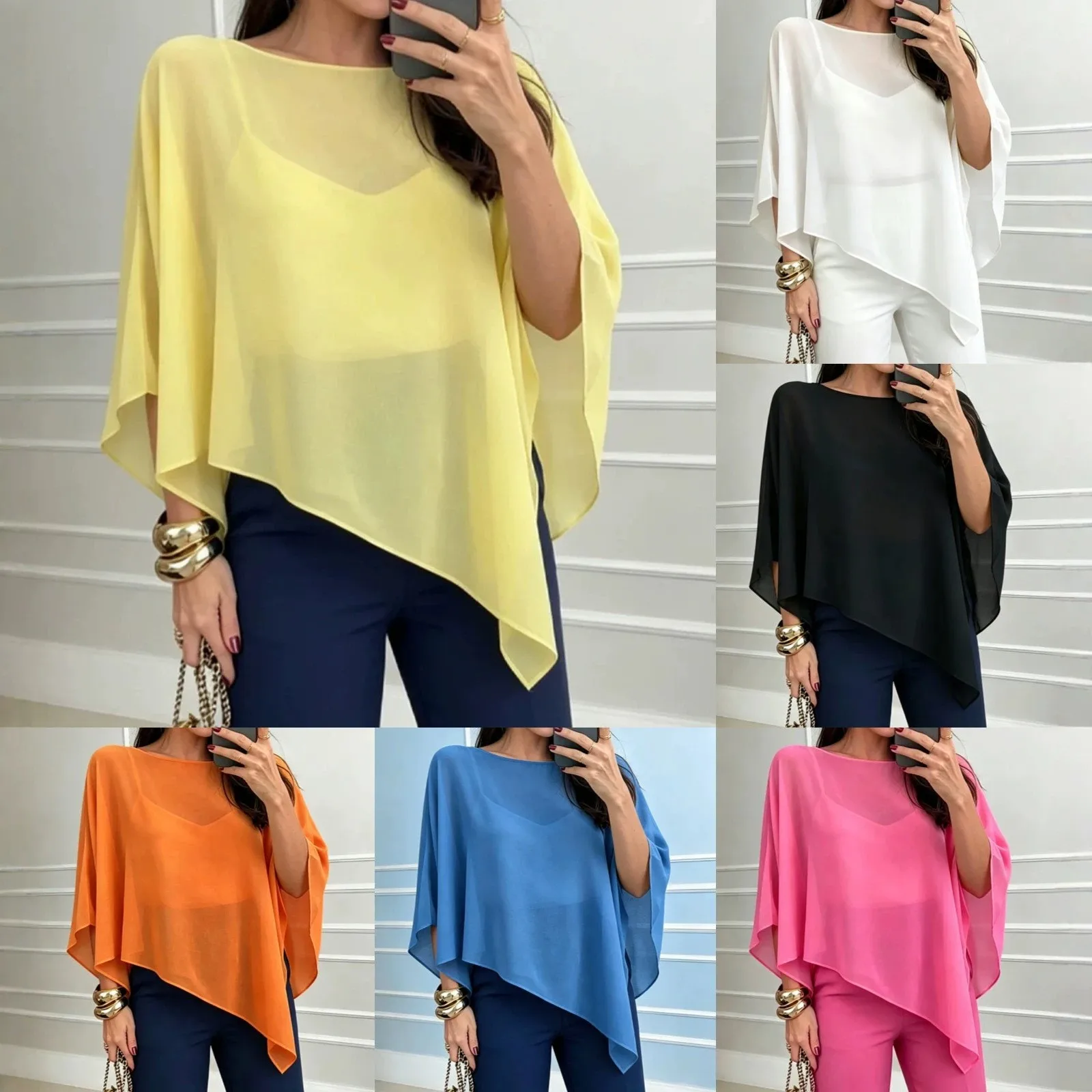 Women's Summer Blouse Yellow Batwing Sleeve Blouses White Asymmetrical Hem Loose Fit Chiffon Blouse Black Sheer Overlay Top
Women's Summer Blouse Yellow Batwing Sleeve Blouses White Asymmetrical Hem Loose Fit Chiffon Blouse Black Sheer Overlay Top