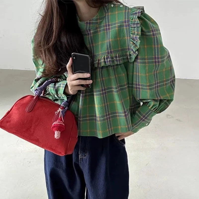 Корейская шикарная клетчатая блузка для женщин Корейский шик Весенний новый ретро повседневный пуловер Рубашки Зеленые свободные топы с рюшами и длинными рукавами
Корейская шикарная клетчатая блузка для женщин Корейский шик Весенний новый ретро повседневный пуловер Рубашки Зеленые свободные топы с рюшами и длинными рукавами