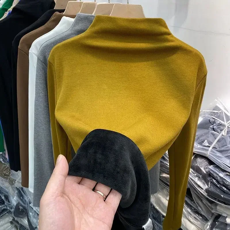 Korean Autumn Winter Women's Solid Half High Collar Screw Thread Plus Velvet Long Sleeve Pullovers Bottoming Shirt Tops Z159
Korean Autumn Winter Women's Solid Half High Collar Screw Thread Plus Velvet Long Sleeve Pullovers Bottoming Shirt Tops Z159