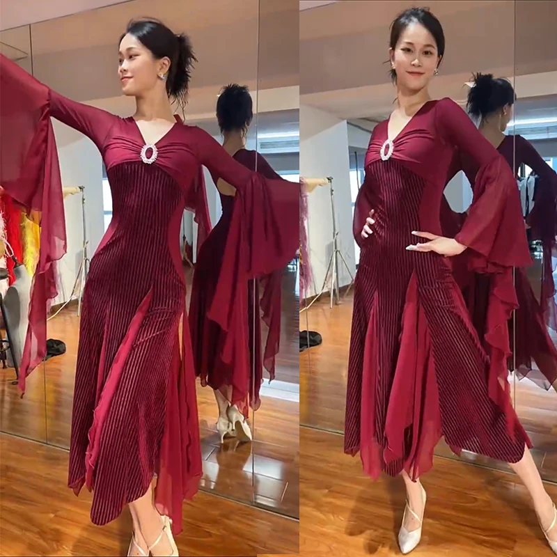 Wine Red Ballroom Dance Competition Dress Women Walts Dance Performance Clothes Velvet Irregular Long Dress Adult Prom Dress
Wine Red Ballroom Dance Competition Dress Women Walts Dance Performance Clothes Velvet Irregular Long Dress Adult Prom Dress