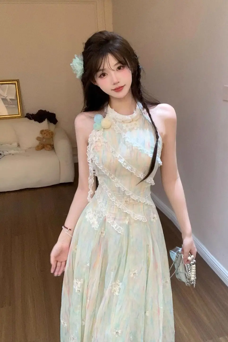French Sweet Green Sleeveless Dress Women Summer Asymmetrical Lace Halter Neck Floral Maxi Dress Romantic Y2K Chic Fashionable
French Sweet Green Sleeveless Dress Women Summer Asymmetrical Lace Halter Neck Floral Maxi Dress Romantic Y2K Chic Fashionable