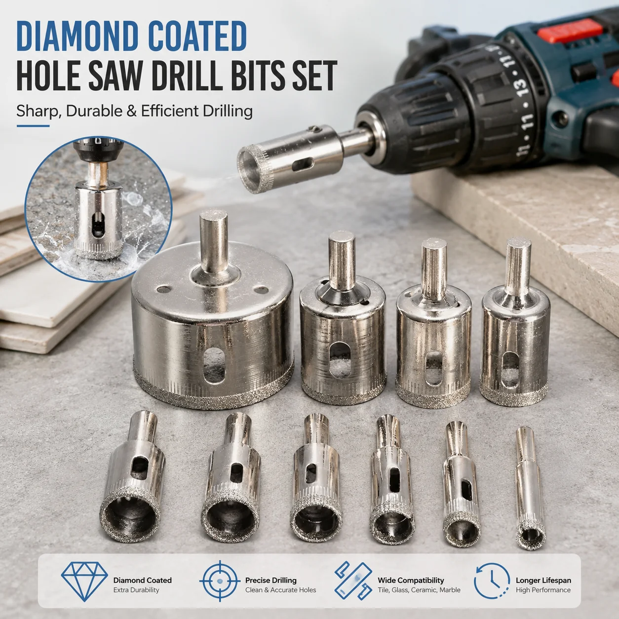 Diamond Coated Drill Bits Set 10Pcs Hole Saw Core Drilling Bit Extractor Remover Tools for Ceramic Tile Glass Porcelain Marble Granite Quartz Smooth Cutting Power Tool Drills Accessories Kits
Diamond Coated Drill Bits Set 10Pcs Hole Saw Core Drilling Bit Extractor Remover Tools for Ceramic Tile Glass Porcelain Marble Granite Quartz Smooth Cutting Power Tool Drills Accessories Kits