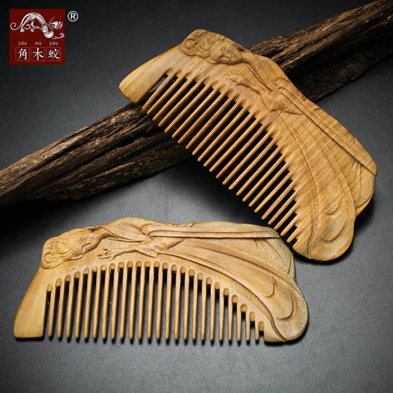 Green sandalwood comb with fine teeth, carved from a single piece of wood, featuring a beauty motif
Green sandalwood comb with fine teeth, carved from a single piece of wood, featuring a beauty motif