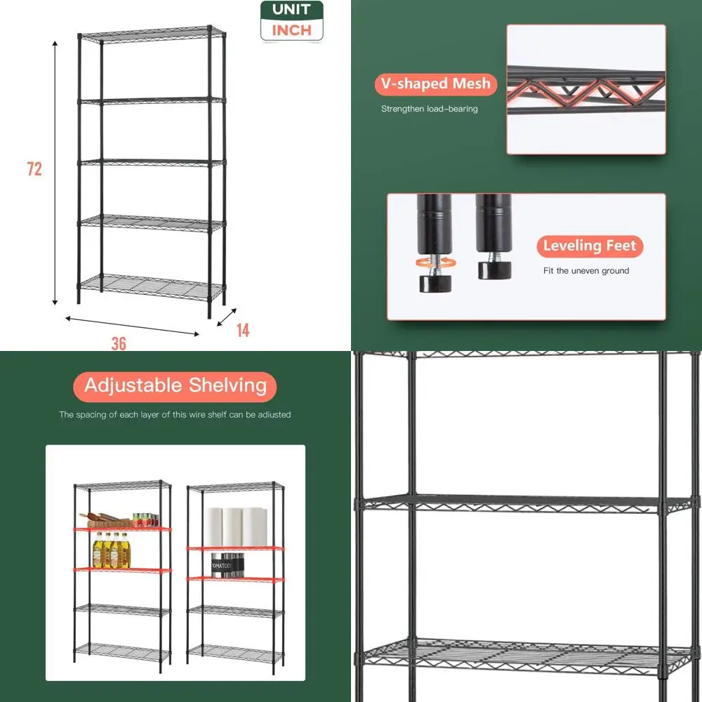 14 x 36 x 72 5-Tier Adjustable Commercial Wire Shelving Unit for Kitchen, Restaurant, and Garage, Strong Steel, Black
14 x 36 x 72 5-Tier Adjustable Commercial Wire Shelving Unit for Kitchen, Restaurant, and Garage, Strong Steel, Black