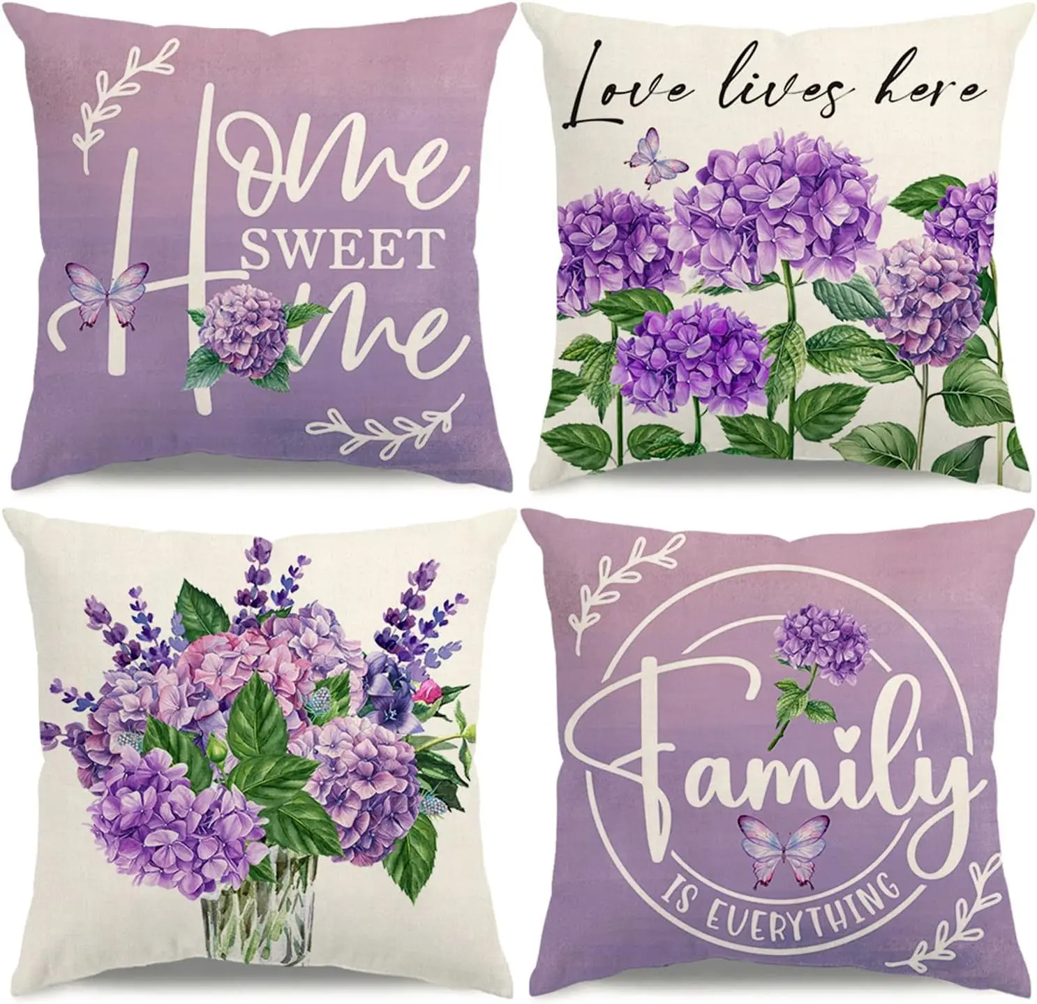 4Pcs Spring Throw Pillow Covers, Purple Hydrangea Bouquet and "Love Lives Here" Print Cushion Cases for Sofa Living Room Bedroom
4Pcs Spring Throw Pillow Covers, Purple Hydrangea Bouquet and "Love Lives Here" Print Cushion Cases for Sofa Living Room Bedroom